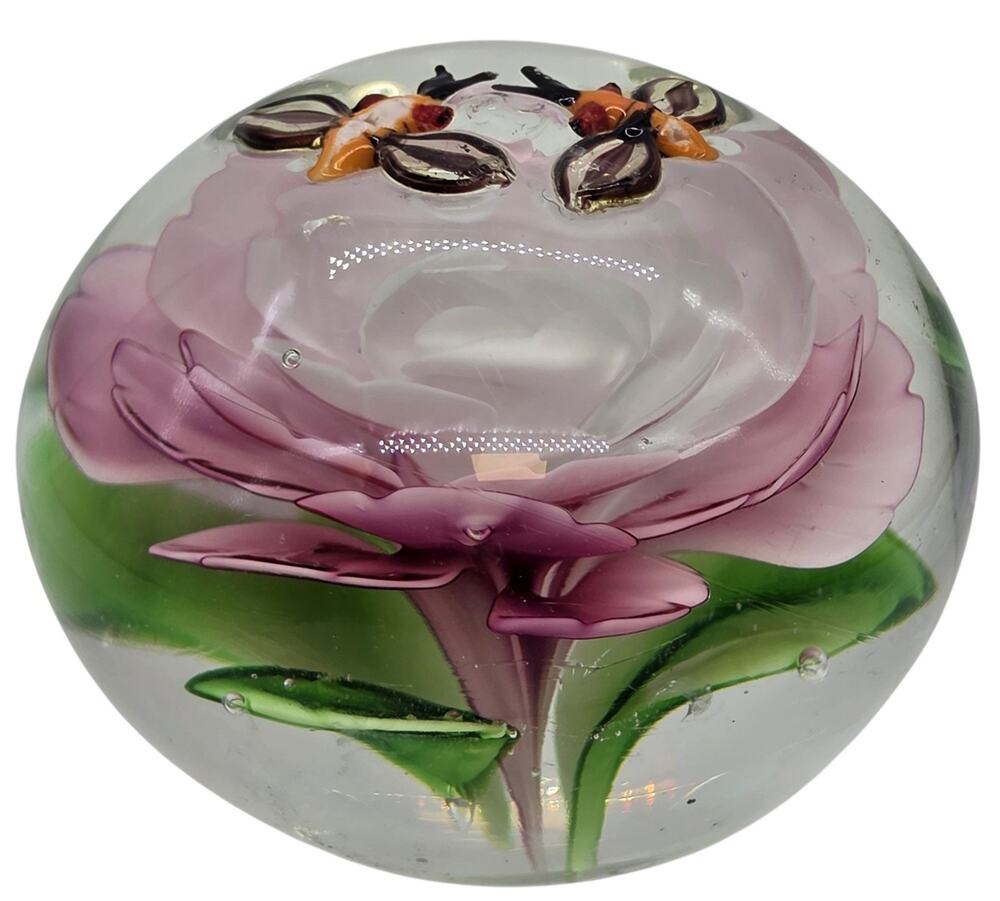 PINK ROSE ART GLASS PAPERWEIGHT EMBOSSED BEES ON SURFACE